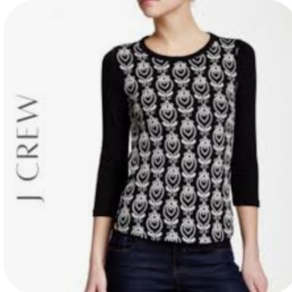 J. Crew Black White Embroidered 3/4 Sleeve Top Women's XS 100% Cotton Fall EUC